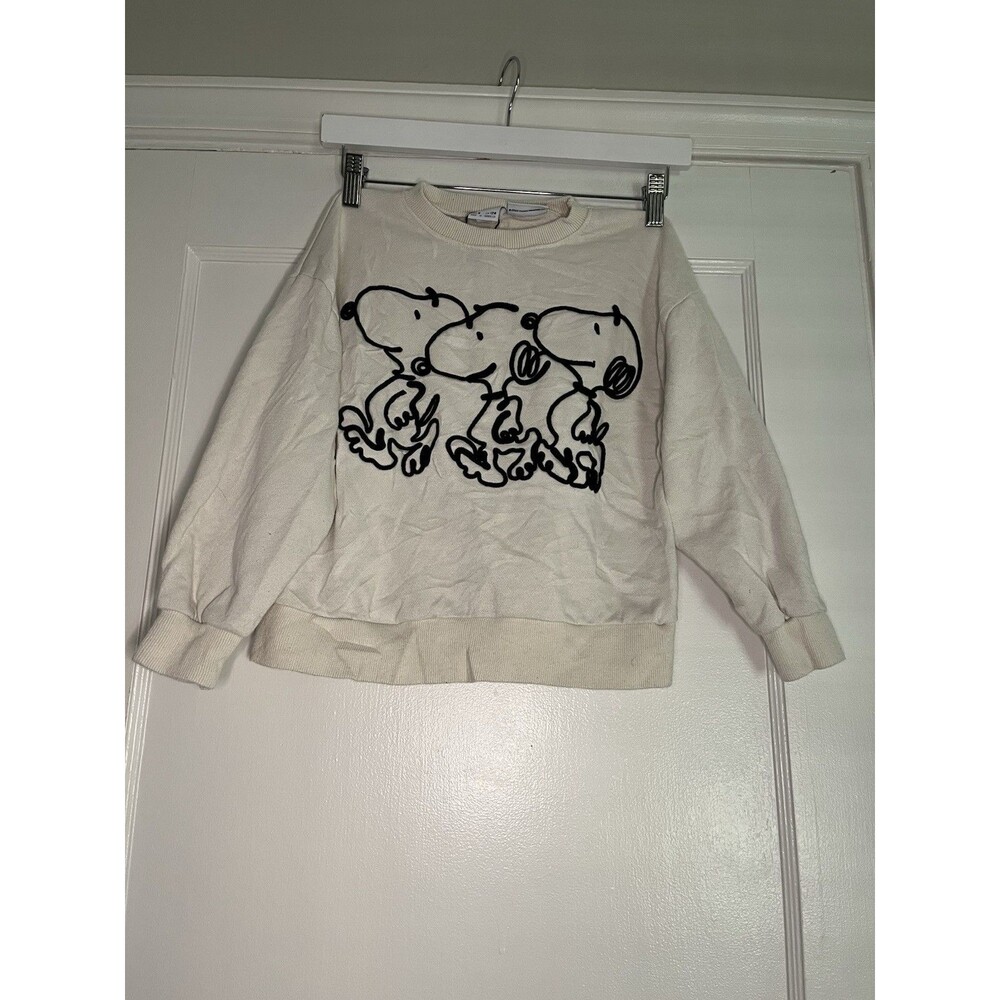 Zara Peanuts Snoopy Girls Ivory Pullover Sweatshirt Size 8 Embroidered